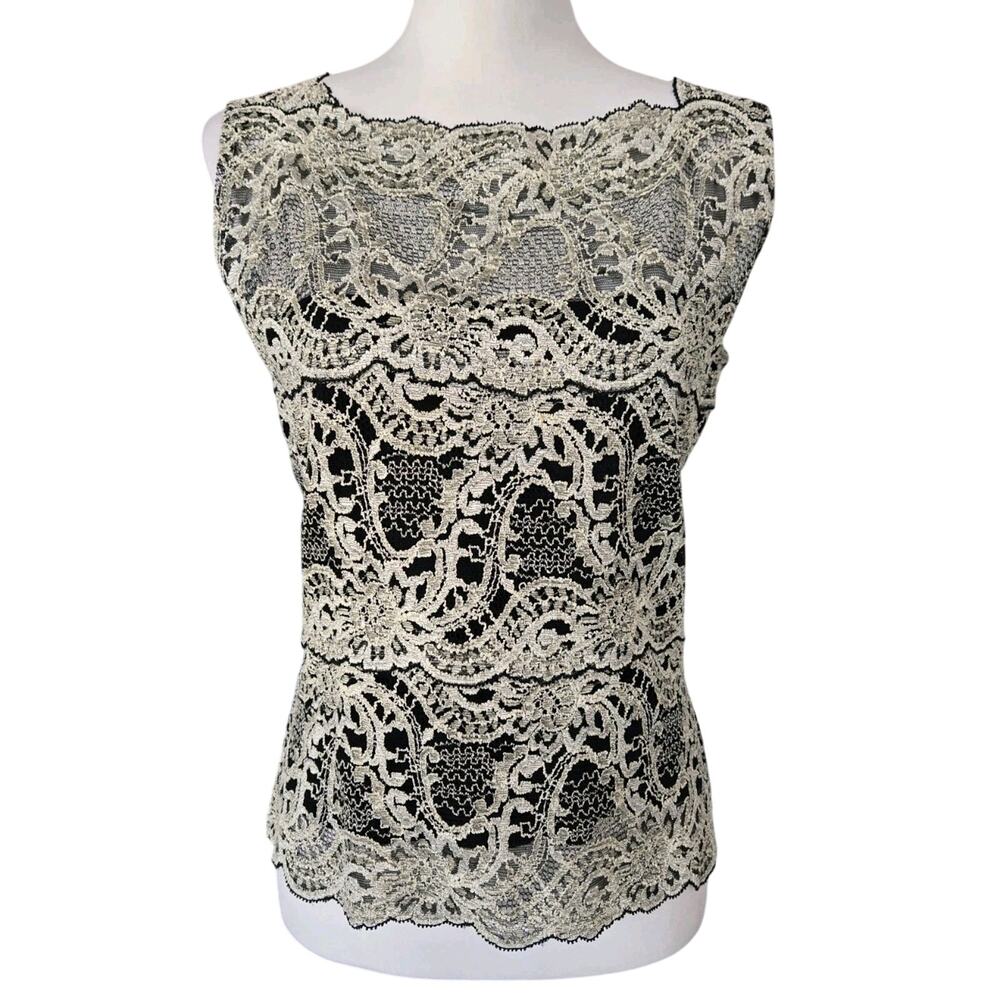 Y2K Vintage Scalloped Gold Black Lace Kay Celine Lace Sleeveless Blouse Sz L